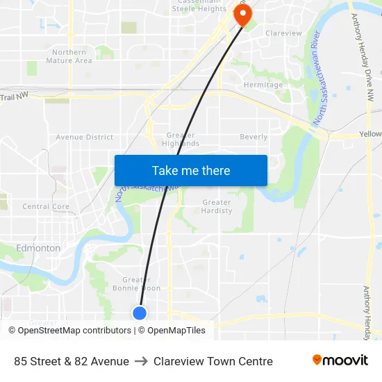 85 Street & 82 Avenue to Clareview Town Centre map