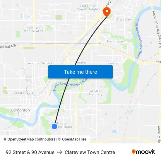 92 Street & 90 Avenue to Clareview Town Centre map