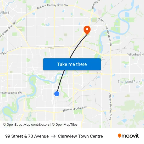 99 Street & 73 Avenue to Clareview Town Centre map