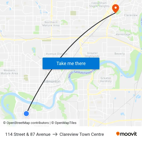 114 Street & 87 Avenue to Clareview Town Centre map