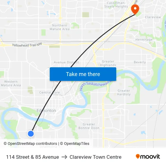 114 Street & 85 Avenue to Clareview Town Centre map
