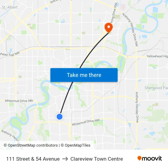 111 Street & 54 Avenue to Clareview Town Centre map