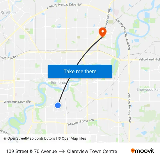 109 Street & 70 Avenue to Clareview Town Centre map
