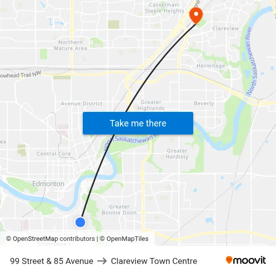 99 Street & 85 Avenue to Clareview Town Centre map
