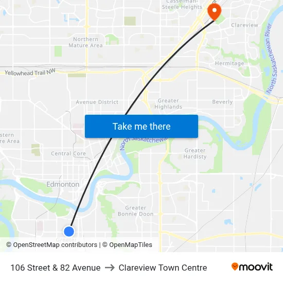 106 Street & 82 Avenue to Clareview Town Centre map