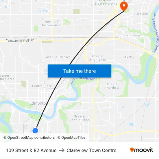 109 Street & 82 Avenue to Clareview Town Centre map