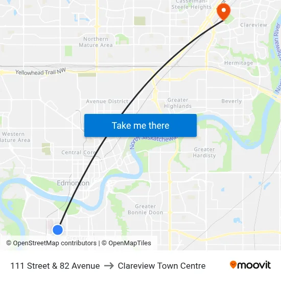 111 Street & 82 Avenue to Clareview Town Centre map