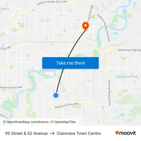 99 Street & 62 Avenue to Clareview Town Centre map