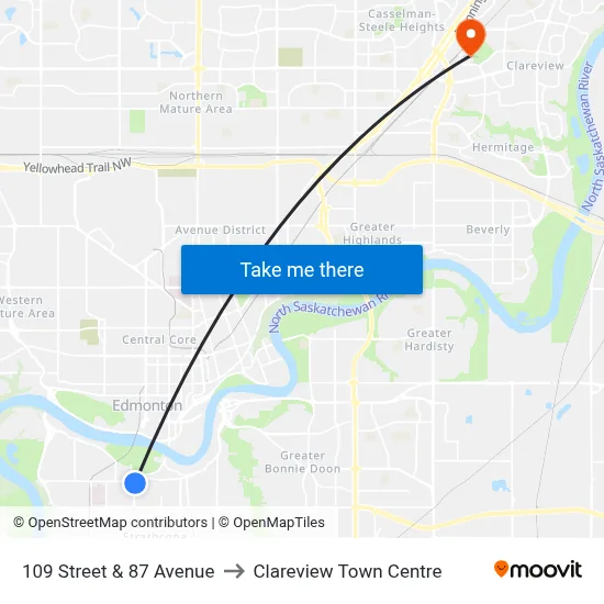 109 Street & 87 Avenue to Clareview Town Centre map