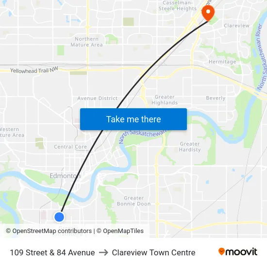 109 Street & 84 Avenue to Clareview Town Centre map