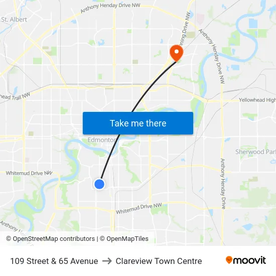 109 Street & 65 Avenue to Clareview Town Centre map