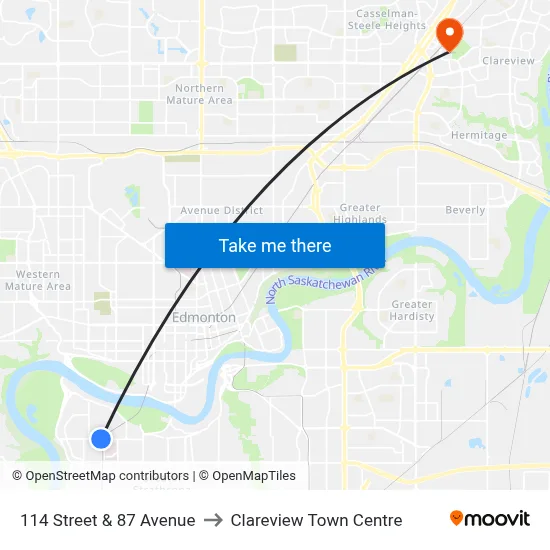 114 Street & 87 Avenue to Clareview Town Centre map