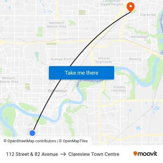 112 Street & 82 Avenue to Clareview Town Centre map