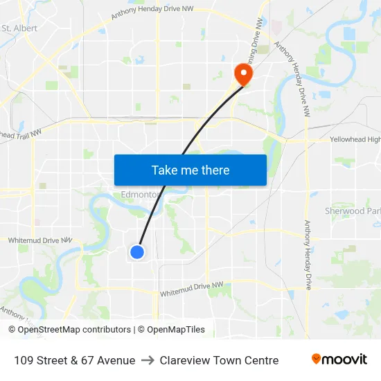 109 Street & 67 Avenue to Clareview Town Centre map