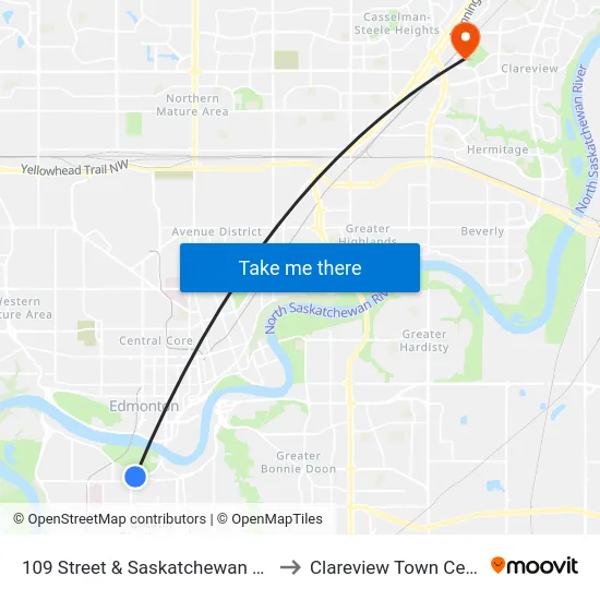 109 Street & Saskatchewan Drive to Clareview Town Centre map