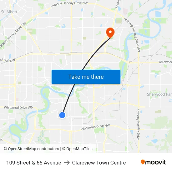 109 Street & 65 Avenue to Clareview Town Centre map
