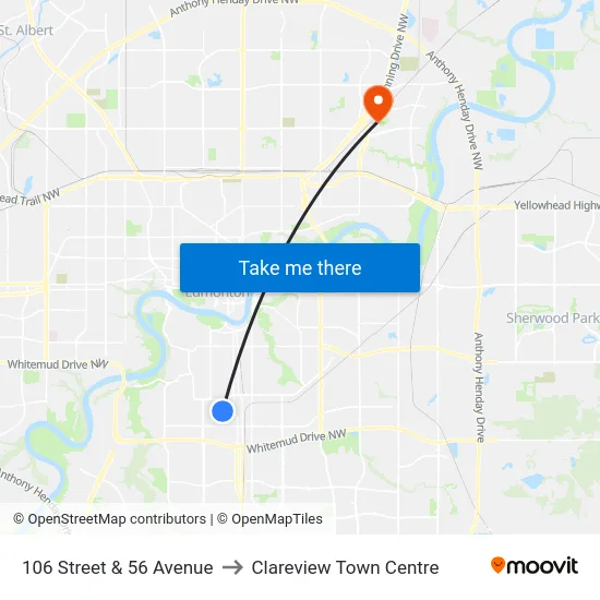 106 Street & 56 Avenue to Clareview Town Centre map