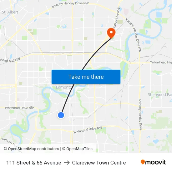 111 Street & 65 Avenue to Clareview Town Centre map