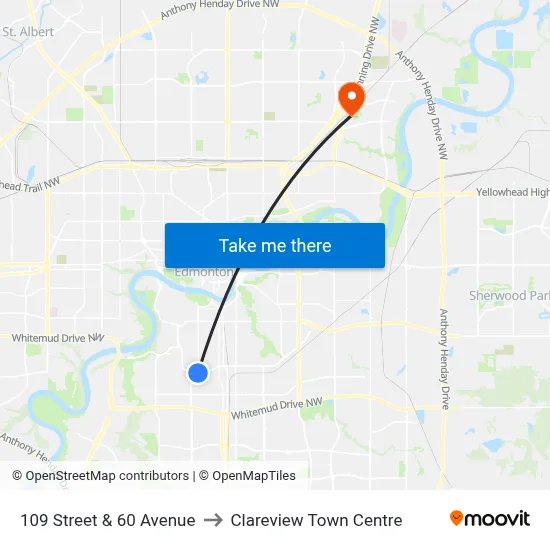 109 Street & 60 Avenue to Clareview Town Centre map