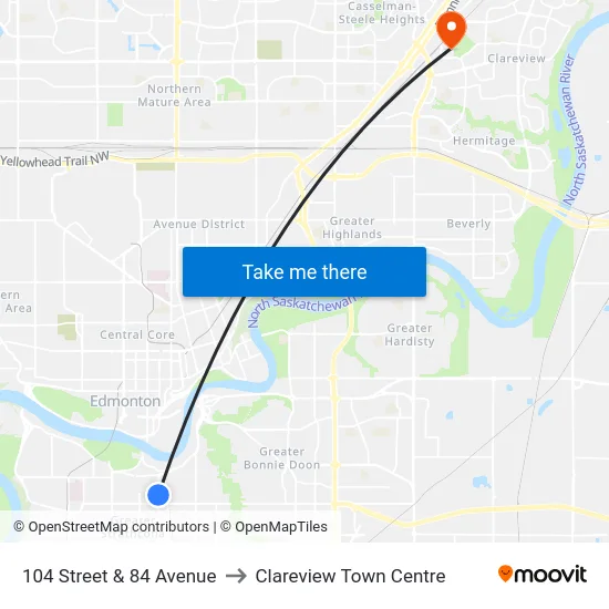 104 Street & 84 Avenue to Clareview Town Centre map