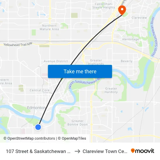 107 Street & Saskatchewan Drive to Clareview Town Centre map