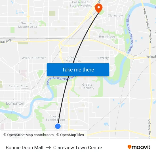 Bonnie Doon Mall to Clareview Town Centre map