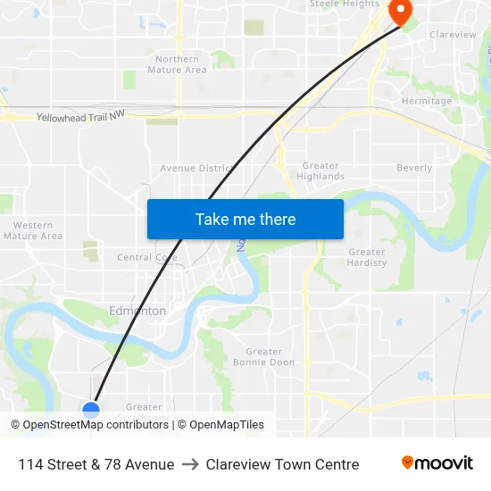 114 Street & 78 Avenue to Clareview Town Centre map