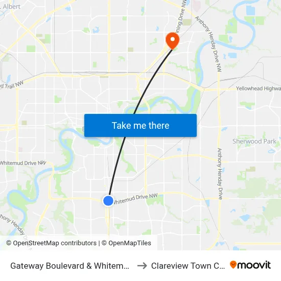 Gateway Boulevard & Whitemud Drive to Clareview Town Centre map