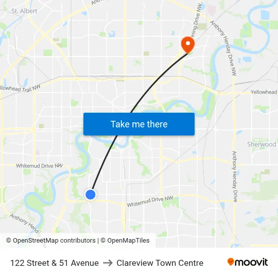 122 Street & 51 Avenue to Clareview Town Centre map