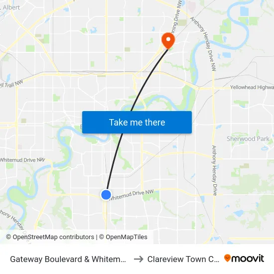 Gateway Boulevard & Whitemud Drive to Clareview Town Centre map