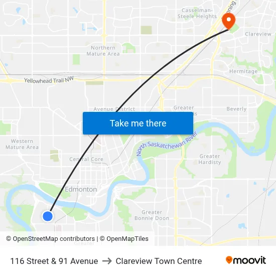 116 Street & 91 Avenue to Clareview Town Centre map