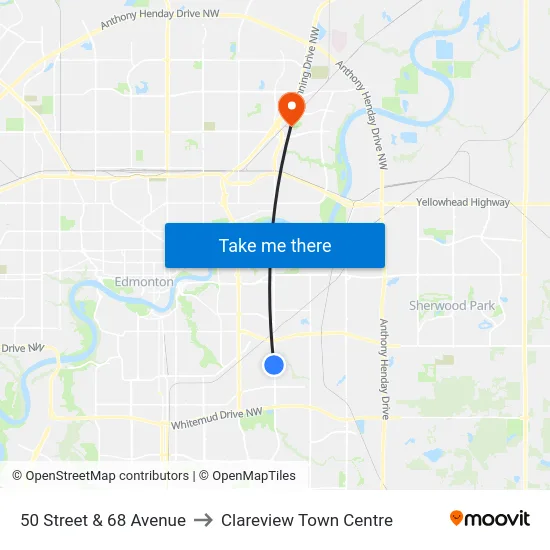 50 Street & 68 Avenue to Clareview Town Centre map
