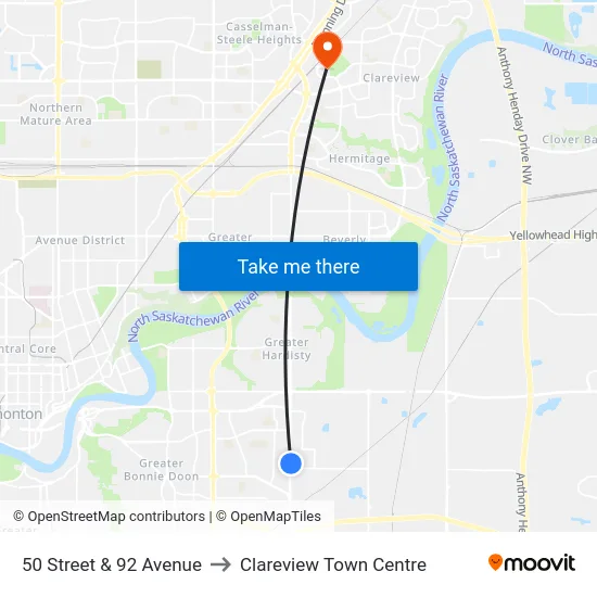 50 Street & 92 Avenue to Clareview Town Centre map