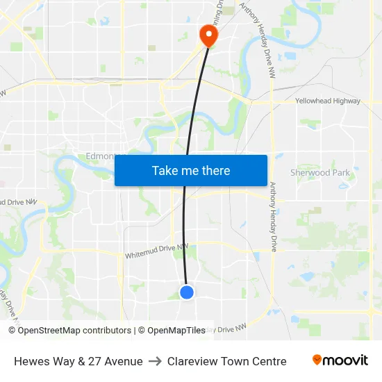 Hewes Way & 27 Avenue to Clareview Town Centre map