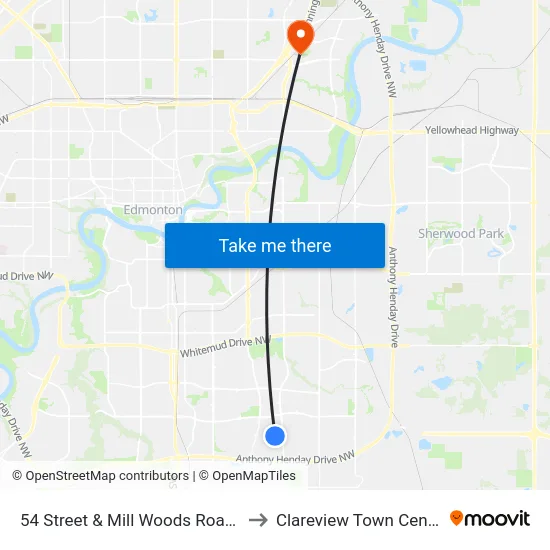 54 Street & Mill Woods Road S to Clareview Town Centre map