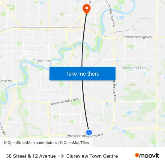 38 Street & 12 Avenue to Clareview Town Centre map