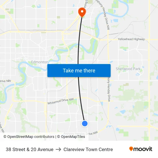 38 Street & 20 Avenue to Clareview Town Centre map