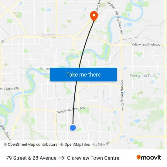 79 Street & 28 Avenue to Clareview Town Centre map