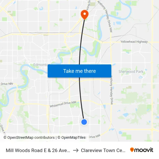 Mill Woods Road E & 26 Avenue to Clareview Town Centre map