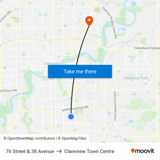 76 Street & 38 Avenue to Clareview Town Centre map