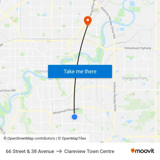 66 Street & 38 Avenue to Clareview Town Centre map