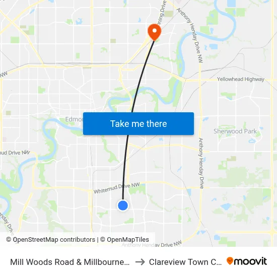 Mill Woods Road & Millbourne Road E to Clareview Town Centre map