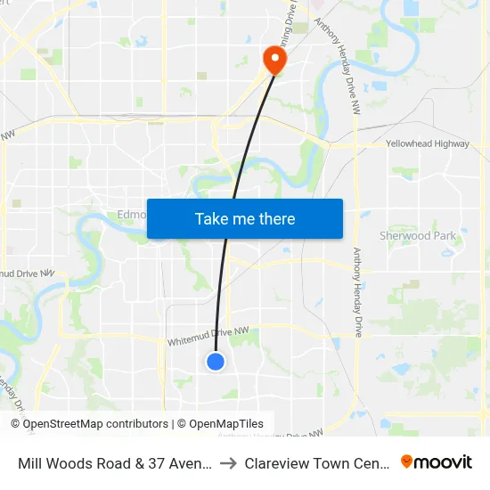 Mill Woods Road & 37 Avenue to Clareview Town Centre map