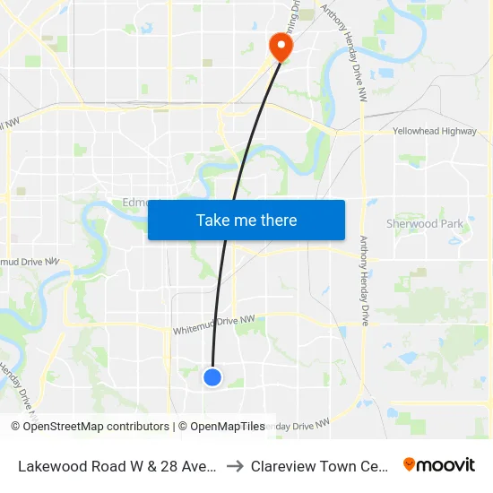 Lakewood Road W & 28 Avenue to Clareview Town Centre map