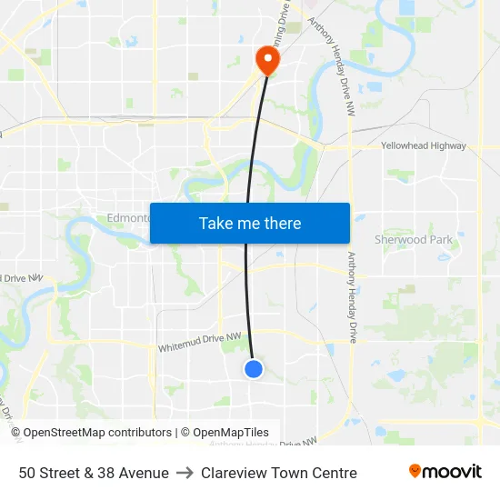 50 Street & 38 Avenue to Clareview Town Centre map