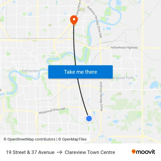 19 Street & 37 Avenue to Clareview Town Centre map