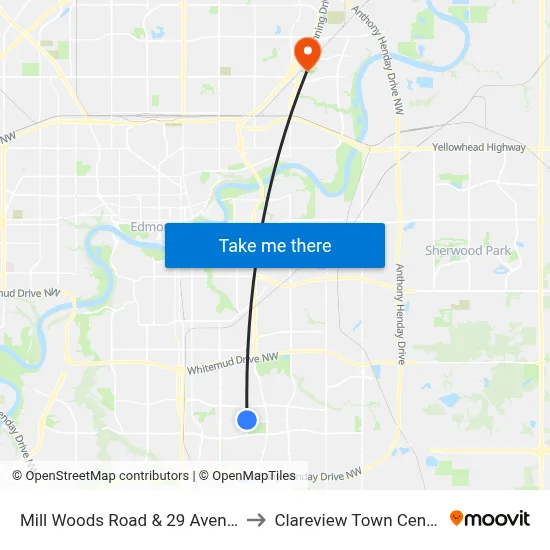 Mill Woods Road & 29 Avenue to Clareview Town Centre map