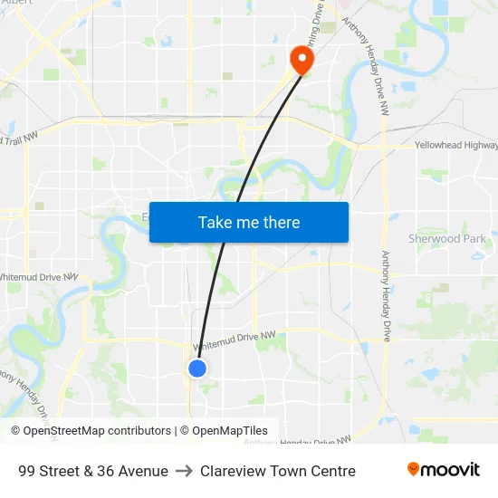 99 Street & 36 Avenue to Clareview Town Centre map
