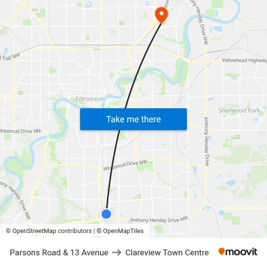 Parsons Road & 13 Avenue to Clareview Town Centre map