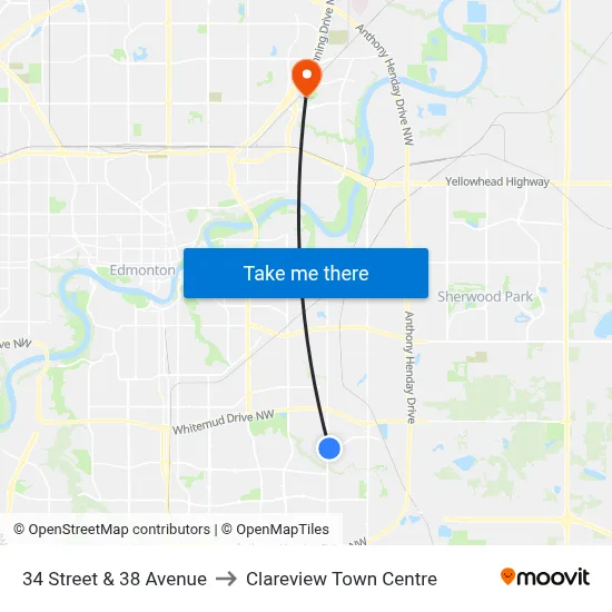 34 Street & 38 Avenue to Clareview Town Centre map